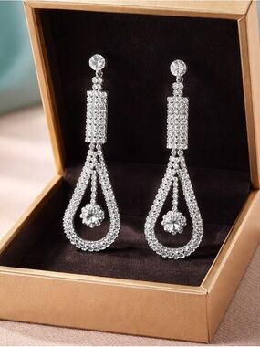 Sparkling Silvertone Teardrop Earrings with Rhinestones